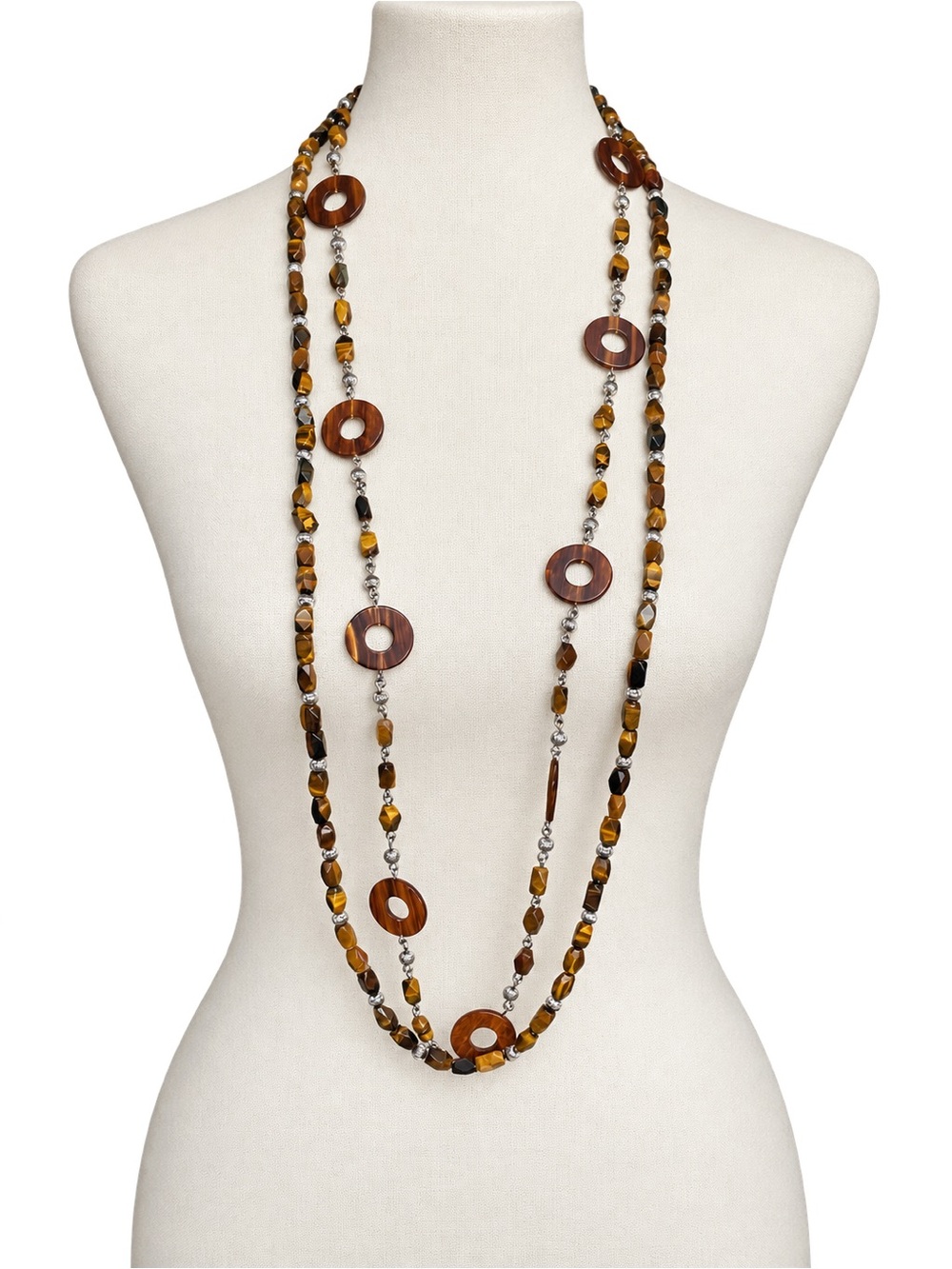 Long Tiger’s Eye Brown Beaded Convertible Necklace Belt Silver Tone Boho